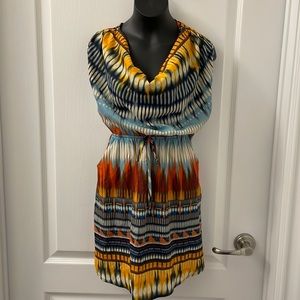 Snap cowl neck sleeveless mini dress with open back & elastic waist Sz D